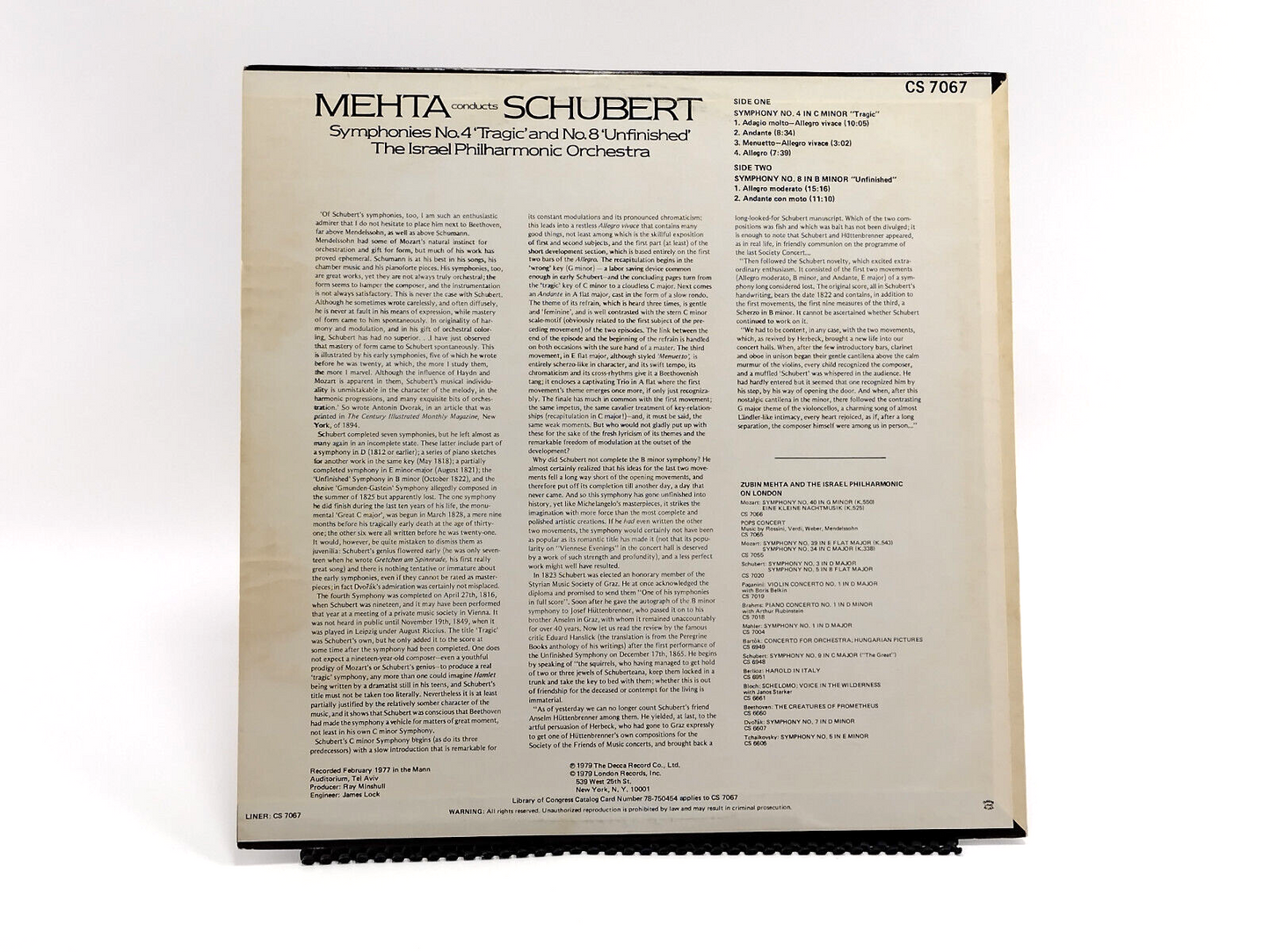 Schubert* :  Zubin Mehta - Symphony No.4 Tragic, / No.8, Unfinished, Vinyl, LP