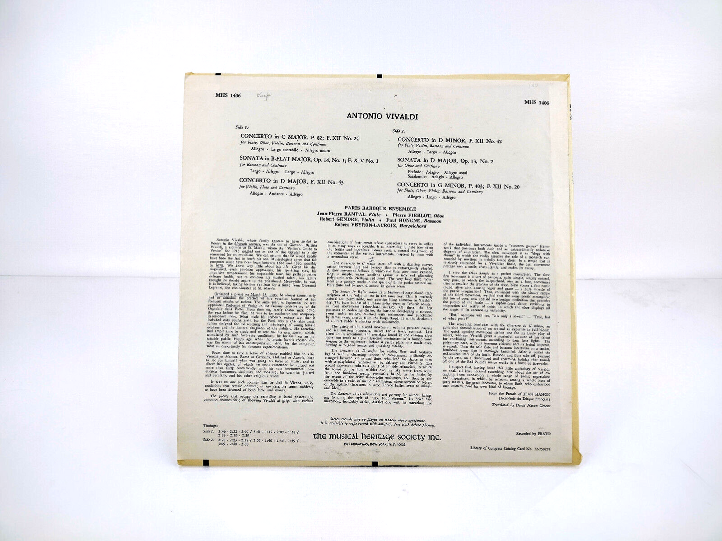Antonio Vivaldi / Paris Baroque Ensemble* - Concerto In C Major, P. 82;  LP